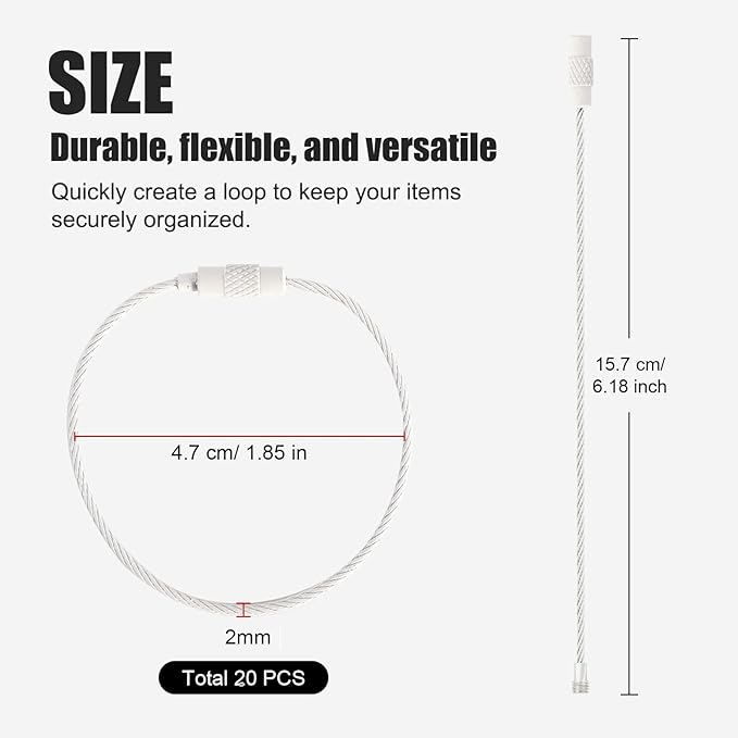 20pcs Stainless Steel Wire Keychains Aircraft Cable Cable Key Ring for Hanging ID Tags or Luggage Tags,6.3 inch 2mm(20 PCS White)