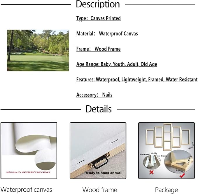 Augusta National Golf Course Wall Art for Living Room Bedroom Bathroom Home Decorations - Augusta Golf Course Picture Poster Framed Artwork Canvas Prints Ready to Hang(28''H x 44''W)