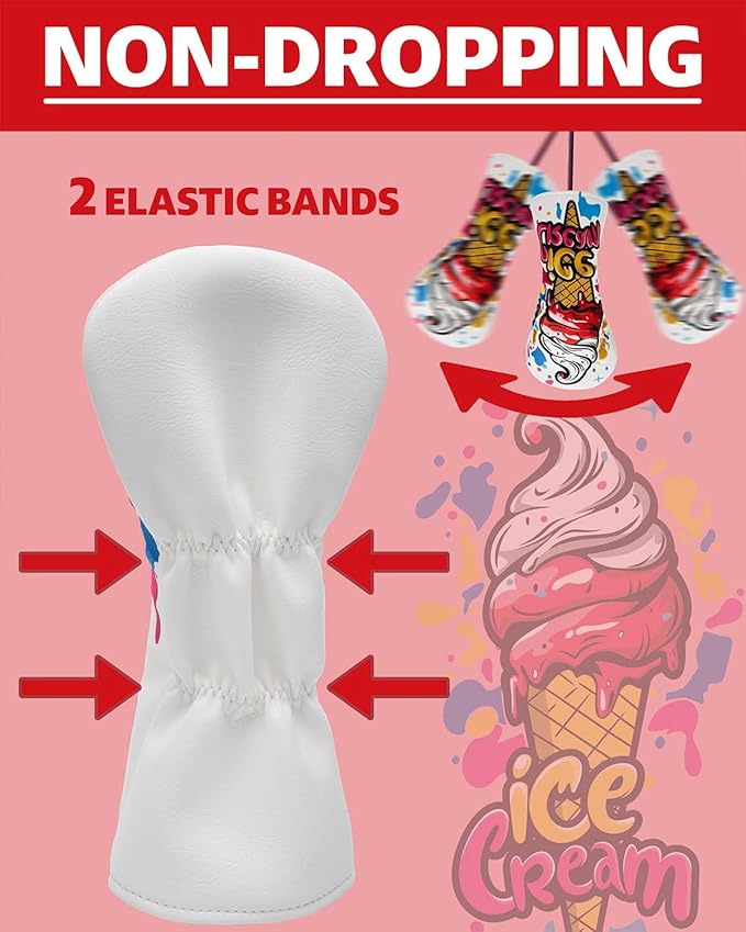 Golf Club Head Covers, Ice Cream Golf Headcovers for Drivers, Fairway Woods, Hybrids, Mallet Blade Putter Cover, Funny Golf Club Covers with Premium PU Leather and Advanced Embroidery for Most Brands