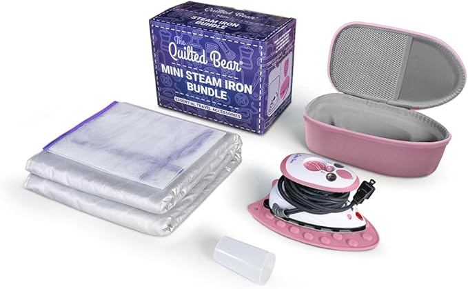 The Quilted Bear Mini Iron, Rest & Ironing Mat - Lightweight Mini Steam Iron with Hard Shell Travel Case, Rest & Ironing Mat - Travel Essentials for Wrinkle Free Clothes & Effortless Quilting (Pink)