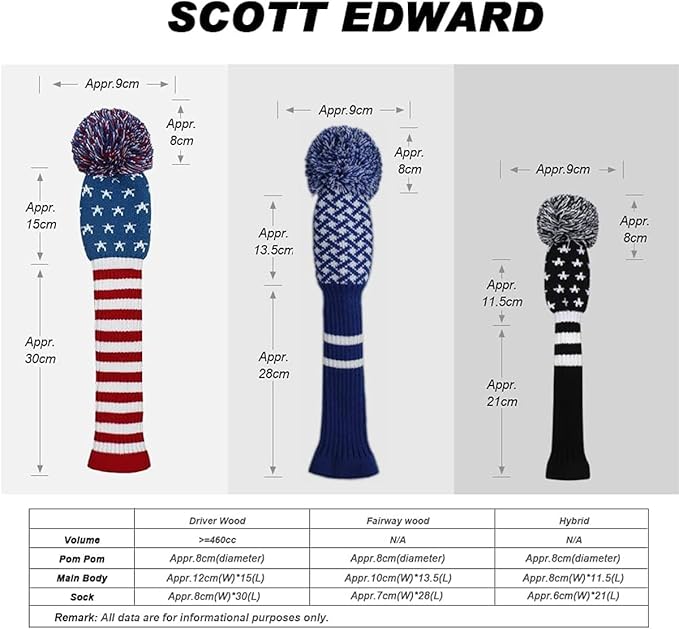 Scott Edward Knit Golf Head Covers for Woods Set of 3 Fits Well Driver(460cc) Fairway Wood and Hybrid(UT) The Perfect Change for Golf Bag