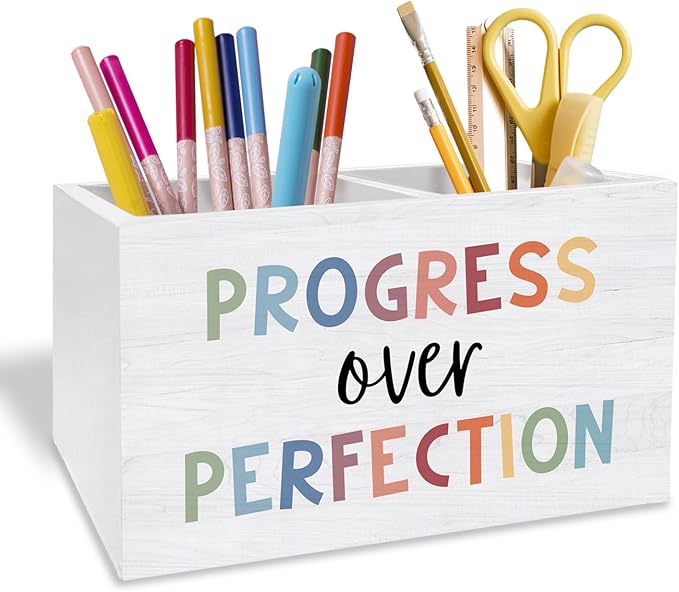 Boho Inspirational Classroom Decor, Motivational Pen Pencil Holder for Desk, Progress Over Perfection Affirmation Wooden Box Sign Desk Decor for Classroom Kids Room Decoration