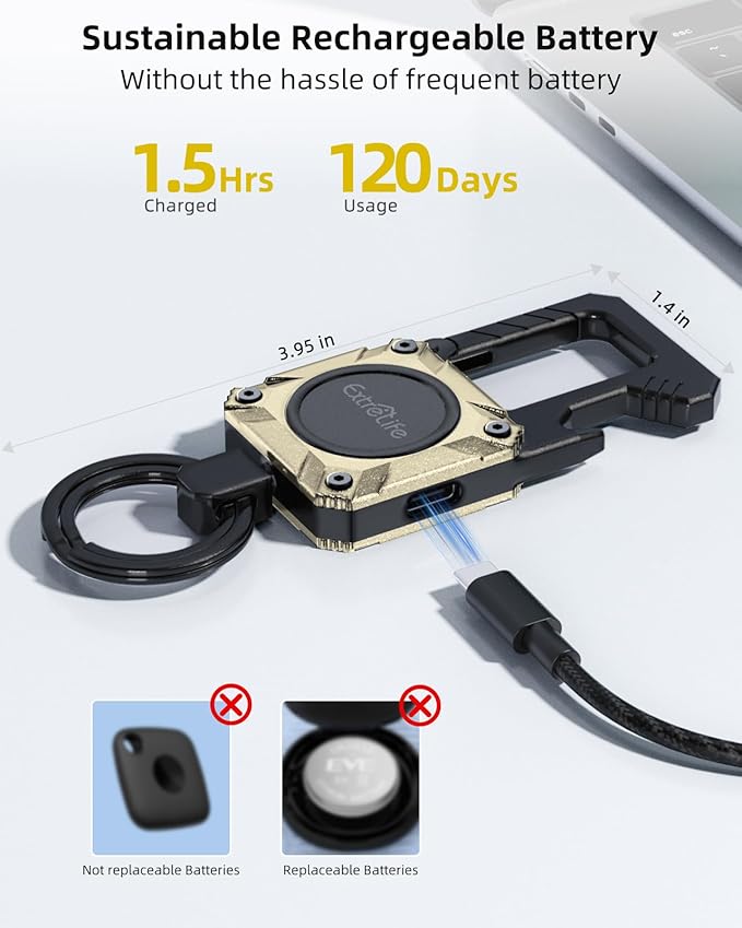 Keychain, Works with Apple Find My, Heavy Duty Key Chain Bottle Opener, Carabiner Car Key Chains with GPS Tracker, Key Finder, Bluetooth Tracker for Luggage, Kids, Bags, Rechargeable, Champagne Gold