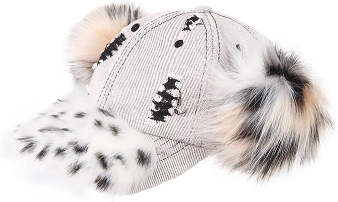 PURFUN Women Vintage Denim Baseball Caps with Fuzzy Faux Fur Pompoms & Brim, Large Brim Visor Caps Adjustable Peaked Sun Hat
