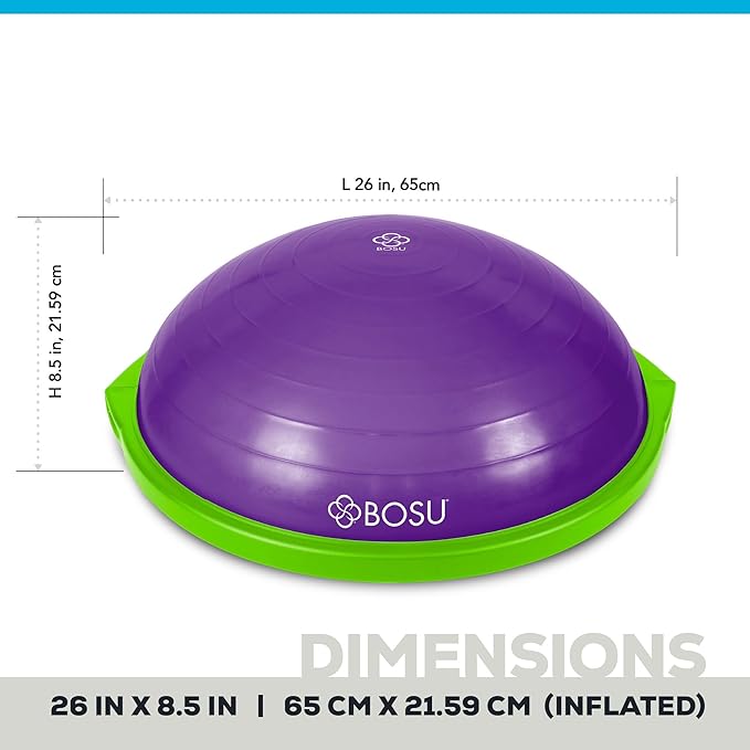 Bosu Balance Ball Exercise Trainer, Home Gym Equipment w/ Guided Workouts & Pump, 26", Blue - Inflatable Fitness Platform for Strength Training, Standing, Balancing, and Core Workout