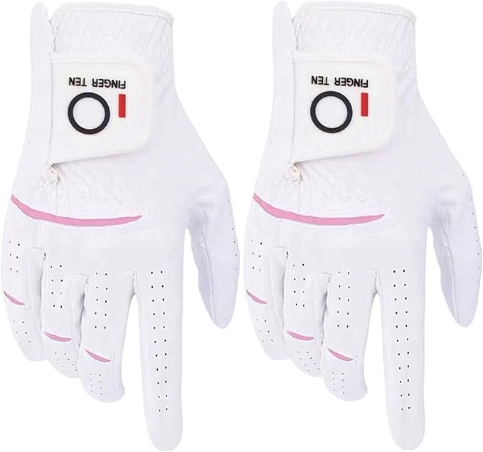 FINGER TEN Womens Ladies Golf Gloves Pair Both Hand or 2 Pack Left Right Hand, All Weather Grip & Comfortable Glove for Serious Performance, Stylish Pink White Fit S M L XL