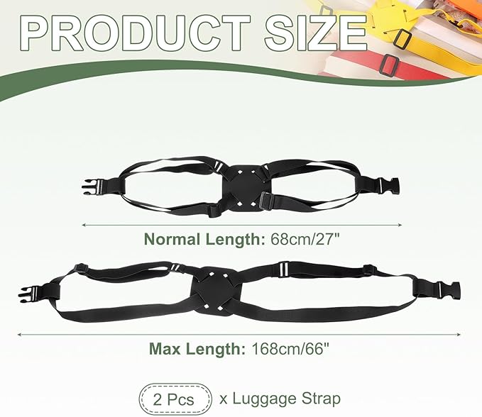 Adjustable Luggage Straps, Suitcase Elastic Strap Bag Bungee with Buckles Travel Accessories - Fitting for(Travel/Add A Bag/Securing Luggage), 27-66 Inch & 2Pcs & Black