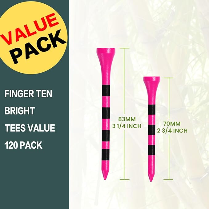 FINGER TEN Golf Tees Wood 3 1/4 2 3/4 Inch Value 50/120 Count, Durable Tees with Bright Colored Stripes for Consistent Height, 70mm 83mm Long Tees Ideal for Golfers