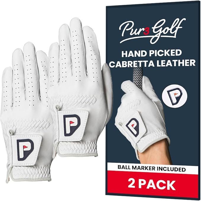 PUR3 Cabretta Leather Golf Gloves Men | Multi-Pack | Real Genuine Ultra Soft Leather Golf Glove | with Ball Marker