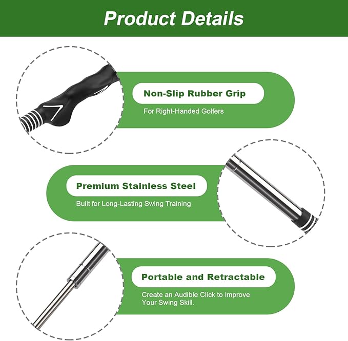Retractable Golf Swing Trainer with Click Sound & Posture Correction Arm Band, Golf Grip Trainer for Right-Handed, Indoor & Outdoor Training Aid for Beginners to Pros