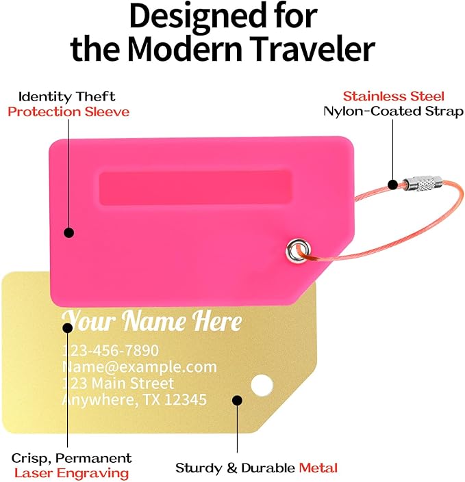 Personalized Luggage Tags for Suitcases, Custom Metal Luggage Tag for Bag with Silicone Sleeves, Durable Travel Tags, Laser Engrave Name Text, Gift for Travelers, 3.5x2 Inches (Bright Pink)