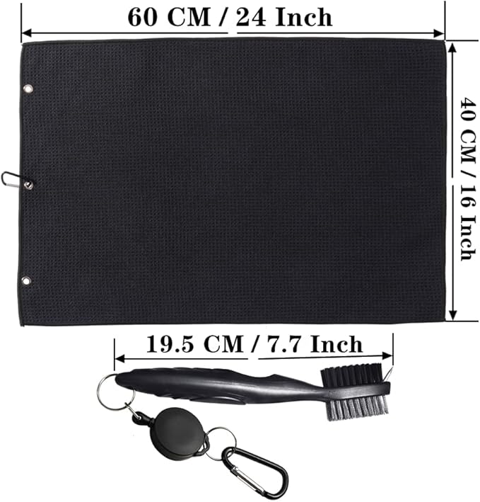 Golf Towels, Golf Towel and Brush Set, with Microfiber Waffle Design Golf Towel 16" X 24" with Hook and Loop Fastenerl and Retractable Zip-line Golf Club Brush (Black)