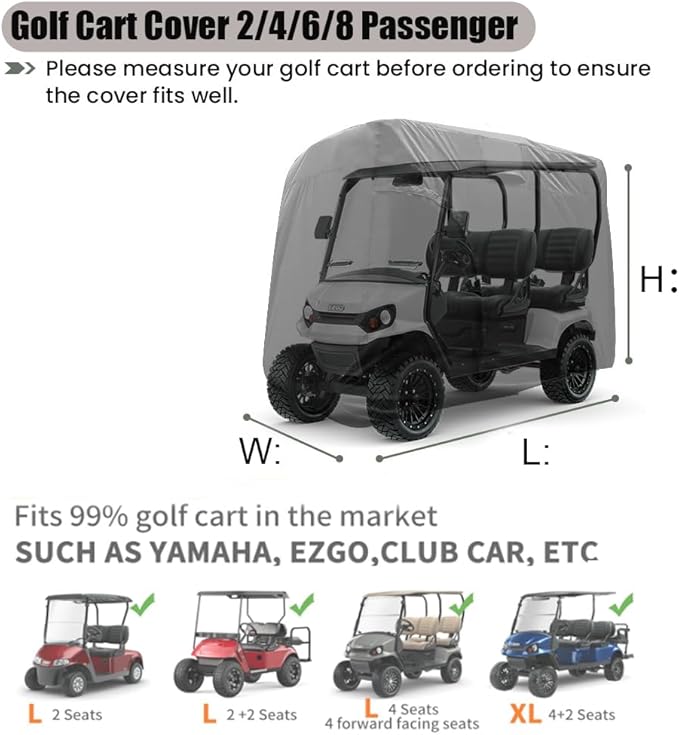 Golf Cart Cover 2/4/6 Passenger, Waterproof Golf Cart Rain Covers, Heavy-Duty All Weather Protection Cover for EZ GO Yamaha Club Car Enclosure Accessories