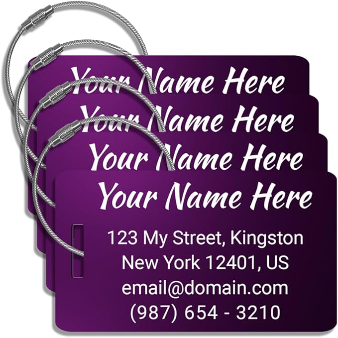 Customized Luggage Tags for Suitcases - Anodized Aluminum Luggage Tags - Laser Engraved Metal SuitcaseTags Pack of 4 (Purple, 2x3.5)