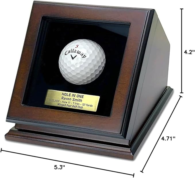 Hole-in-One Golf Ball Display Case -Custom Brass Plaque Engraving-Durable Wood & Glass Design