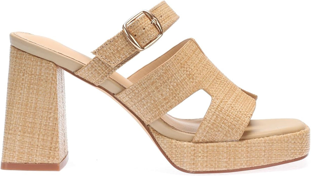 Monrovia Womens Sandals Heels for Women Slide On Block Chunky Platform High Heels Open Toe Raffia Wedge Sandals