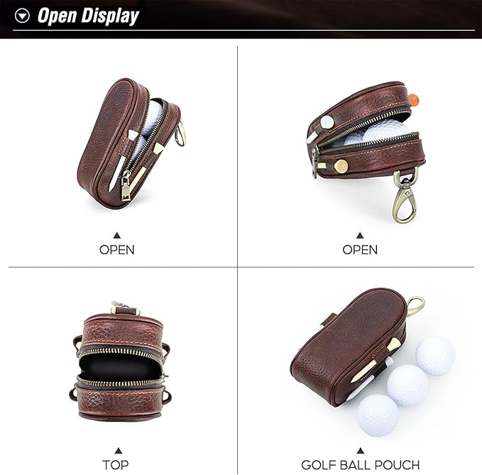 Top Grain Genuine Leather Golf Ball Pouch Holder, Vintage Design, Handmade No Logo, Portable and Holds Up to 3 Balls & 4 Tees, Golf Accessory Gift for Man & Woman