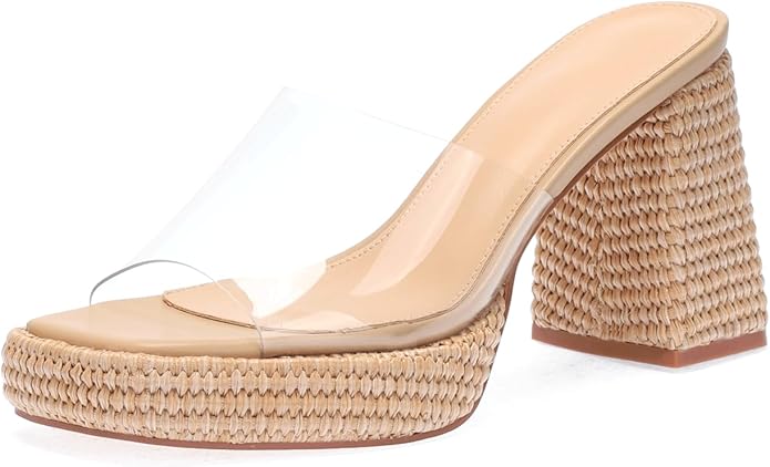 Monrovia Womens Sandals Heels for Women Slide On Block Chunky Platform High Heels Open Toe Raffia Wedge Sandals