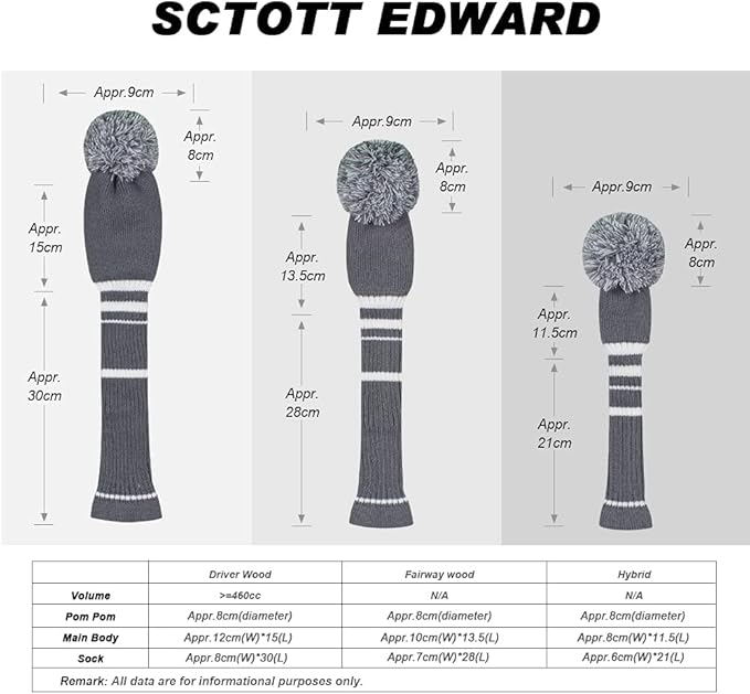 Scott Edward 1/3/4PCS Multi-Style Optional Individualized Knit Golf Club Head Covers, Driver Wood(460cc) Fairway Wood and Hybrid(UT)，for Male/Female Golfers,Custom