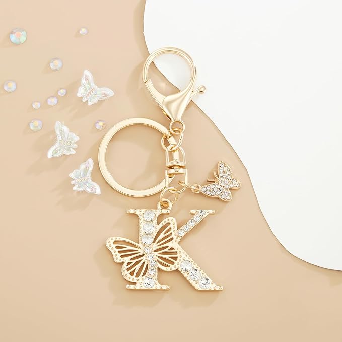 Gold Plated Alphabet Initial Letter Keyring Keychain for Women Girls Crystal Key Chains for Wallet Backpack Bag Charm