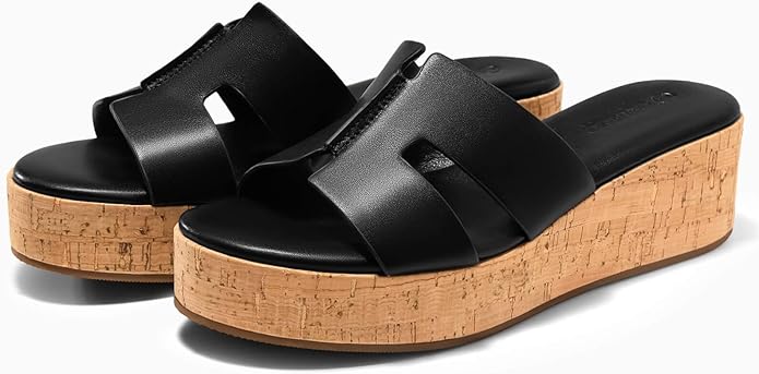 Coutgo Women's Platform Wedge Sandals Open Toe Slip On Slides Cork Heeled Cutout Comfortable Summer Shoes