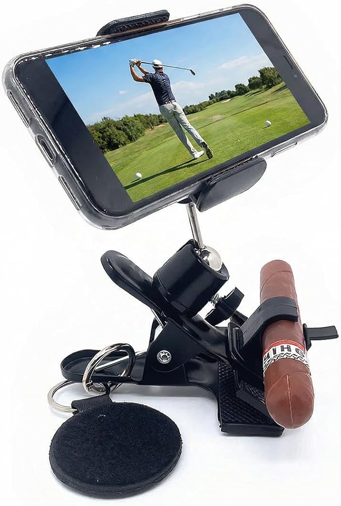 Golf Bag Phone Holder, Phone Caddy for Golf Cart Record Your Golf Swinging Two 360°Fully Adjustable Golf Cart Phone Mount Clip with Golf Glove Holder for Fishing Grilling Riding Golf Gifts for Men