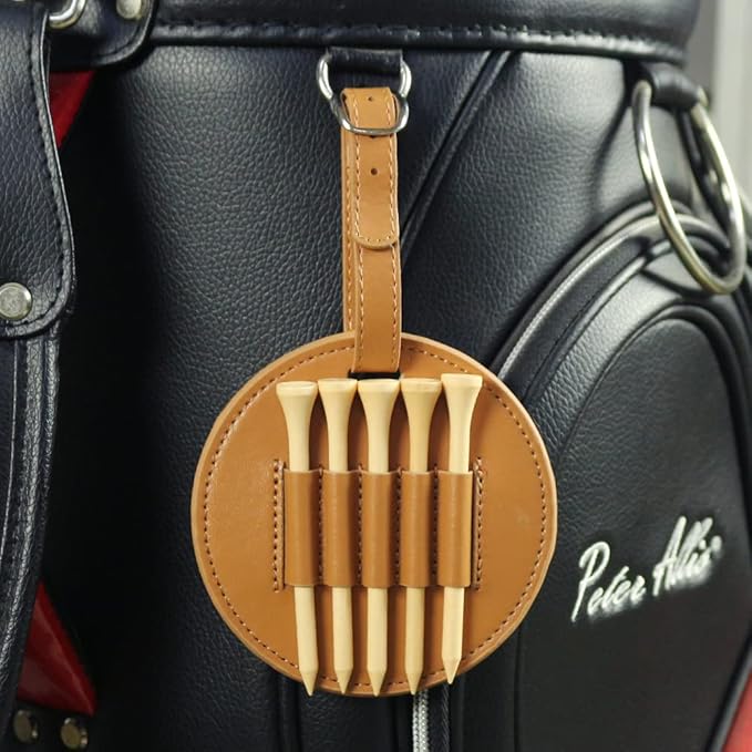 Leather Golf Tees Holder with 5 PCS Wooden Golf Tees 3-1/4 Inch Hook to Golf Bag Belt Clip for Golf Bag