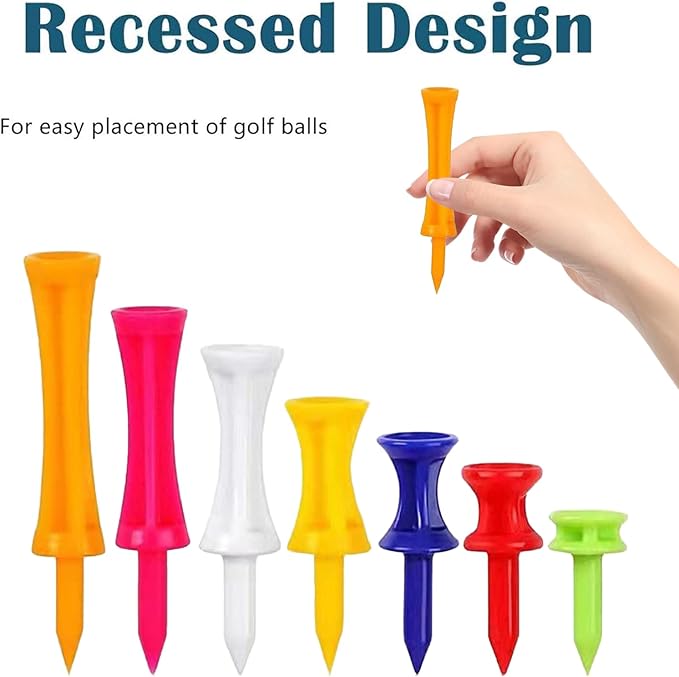 70 Pcs Golf Tees, Golf Step Down Plastic Tees Value Multiple Colors Size Bulk, Unbreakable Tee 1", 1 1/4", 1 1/2", 1 3/4", 2", 2 1/4", 2 3/4", Long Short 7 Colors for Men Women Kids Practice