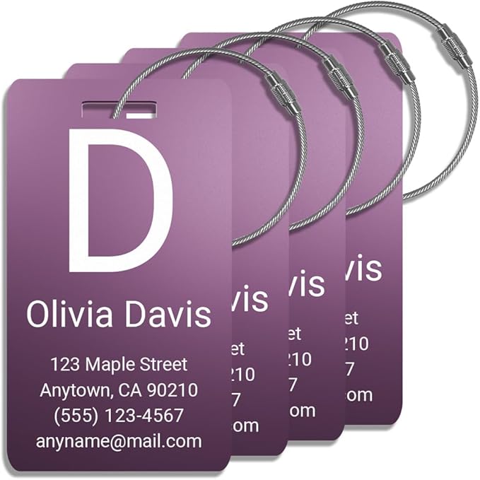 Personalized Luggage Tags for Suitcases 4 Pack – Custom Metal Name Tag for Travel, Golf Bag, and Baggage – Durable Aluminum Luggage Name Tags (Light Purple, Vertical)