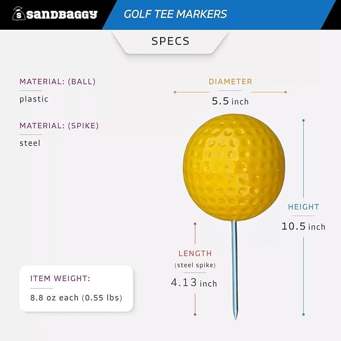 Sandbaggy Plastic Tee Markers for Golf Course (UV Resistant) - Steel Spike - Safety Caps Included