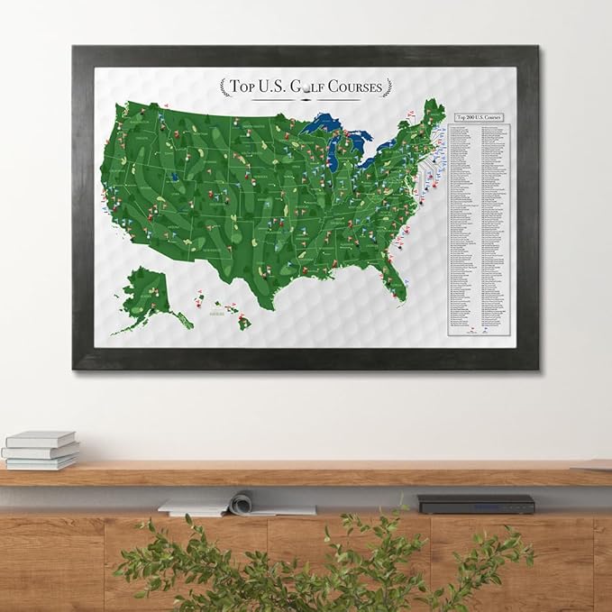 Push Pin Travel Maps Customizable Wall Art - Top Golf Courses USA Map - Rustic Black - Framed Pin Map, Includes 150 Pins - Handcrafted in USA - 27.5" x 39.5"
