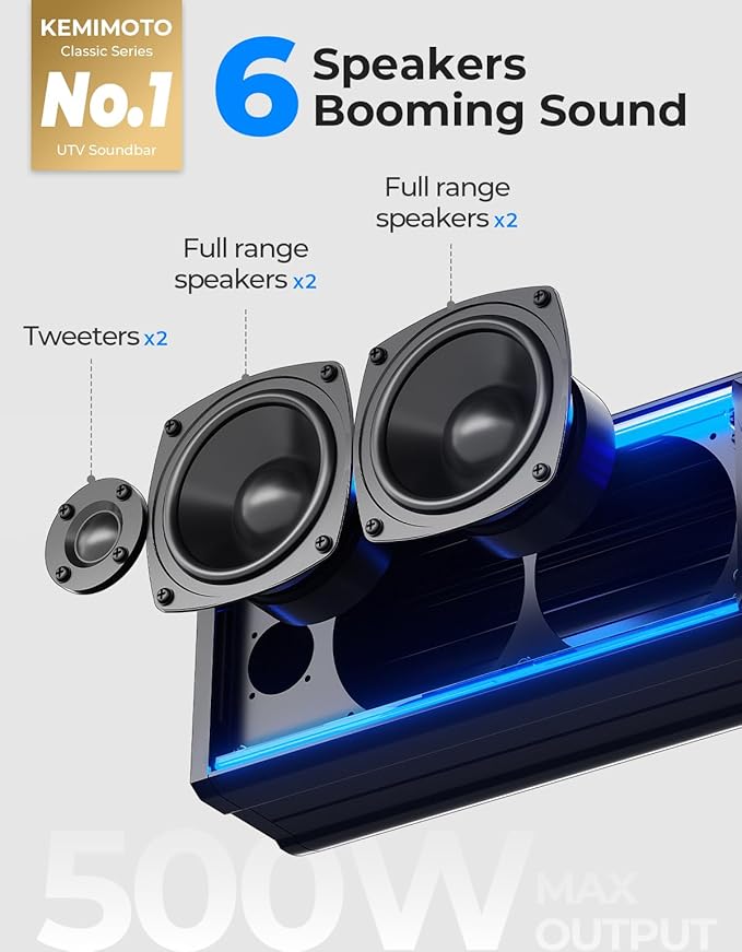 KEMIMOTO 6-Speaker Metal UTV Sound Bar, 25-inch IP65 Waterproof Golf Cart Sound Bar, ATV Speaker Bluetooth with RGB, SxS Soundbar Compatible with Polaris RZR Can-Am w/ 1.25 in - 2 in Roll Bar