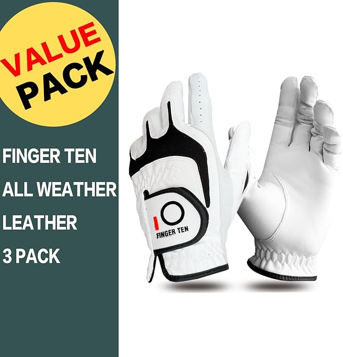 FINGER TEN Premium Cabretta Leather Golf Gloves Men 3 Pack for Right Left Handed Golfer, Comfortable Glove with All Weather Grip for Left Right Hand Size S M ML L XL