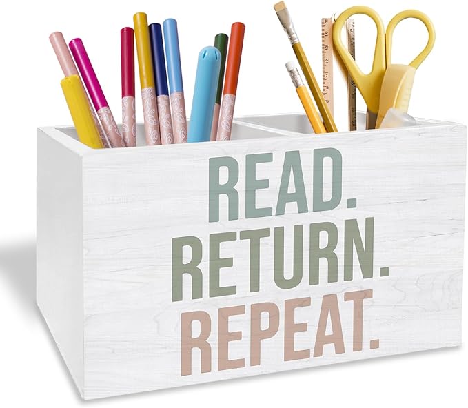 Boho Book Pen Holder for Desk, Book Lover Reader Librarian Gifts Pencil Organizer, Read Return Repeat Wooden Box Sign Desk Decor for Home Library Reading Room Classroom Decoration