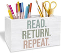 Boho Book Pen Holder for Desk, Book Lover Reader Librarian Gifts Pencil Organizer, Read Return Repeat Wooden Box Sign Desk Decor for Home Library Reading Room Classroom Decoration
