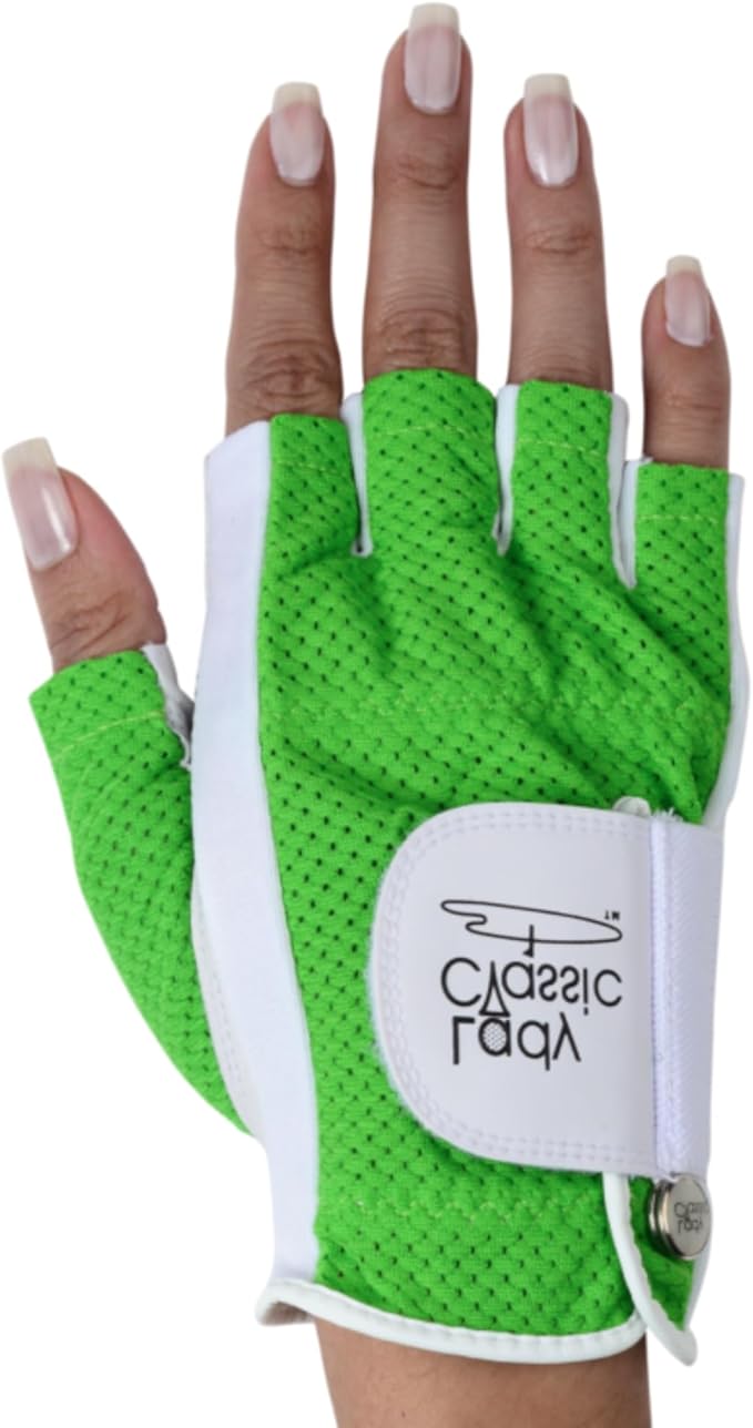 Mesh Half Golf Glove for Women – Premium Cabretta Leather Palm, Breathable Mesh Back, Half-Finger Design Ladies Golf Glove for Enhanced Grip & Comfort