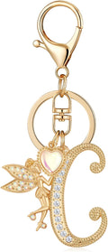 Gold Plated Alphabet Initial Letter Keyring Keychain for Women Girls Crystal Key Chains for Wallet Backpack Bag Charm