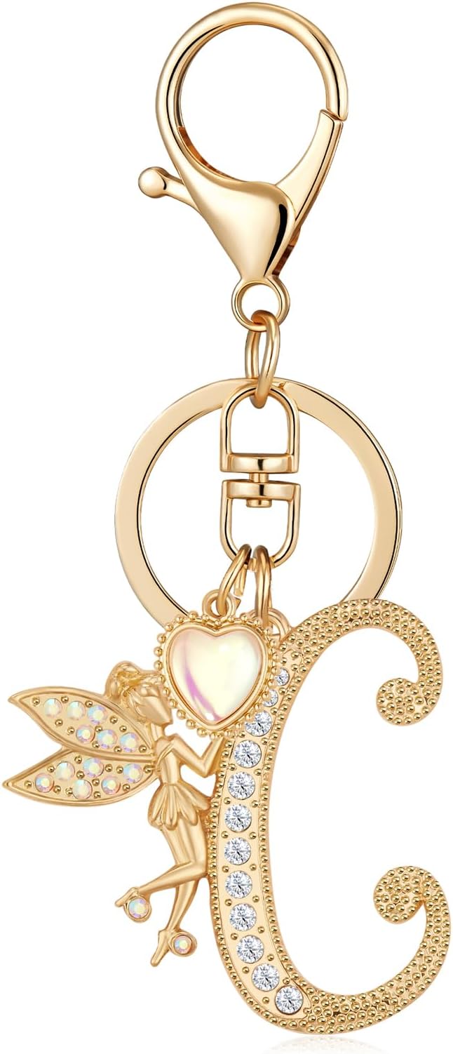 Gold Plated Alphabet Initial Letter Keyring Keychain for Women Girls Crystal Key Chains for Wallet Backpack Bag Charm
