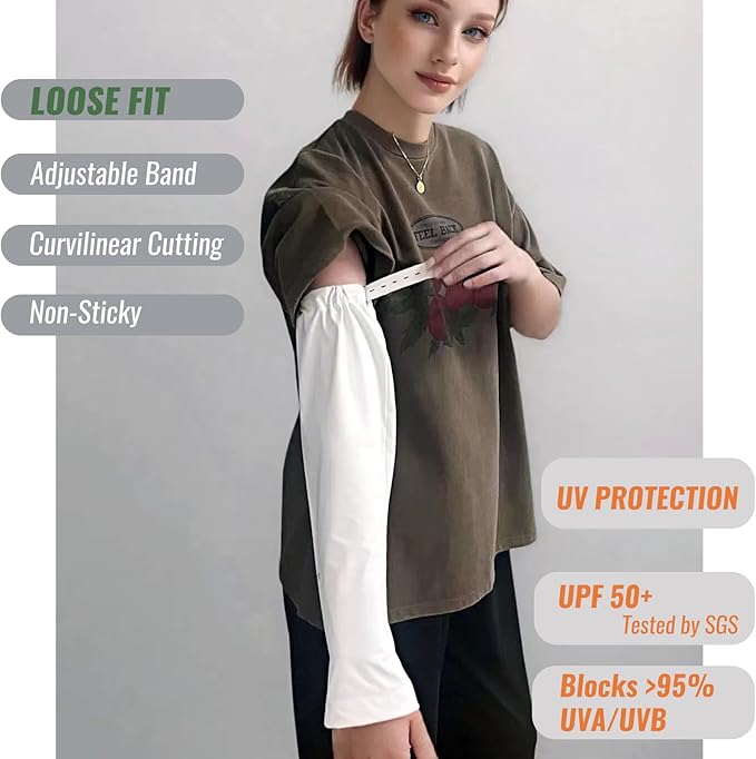 UPF 50+ Sun Protection Arm Sleeves Elastic band Adjustable Cuff Loose Fit Non-Sticky Airflow Friendly Outdoor