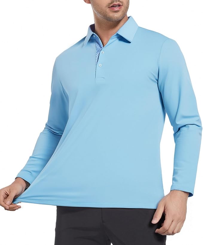 Alex Vando Mens Golf Shirt Moisture Wicking Quick-Dry Solid Long Sleeve Polo Shirts for Men