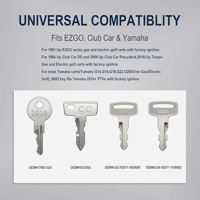 Hather Universal Golf Cart Key Set – 8 Replacement Keys for EZGO, Club Car, Yamaha+ 4 Key Rings – Compatible with OEM# 1012505, 17063-G1, JU2-H2511-00, JU6-H2511-10