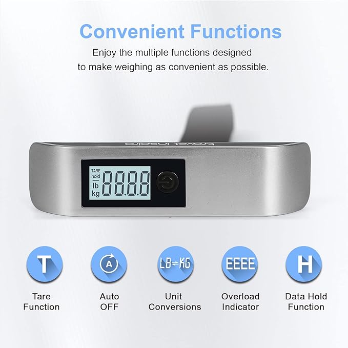 travel inspira Luggage Scale, Portable Digital Hanging Baggage Scale for Travel, Suitcase Weight Scale with Rubber Paint, 110 Pounds, Battery Included