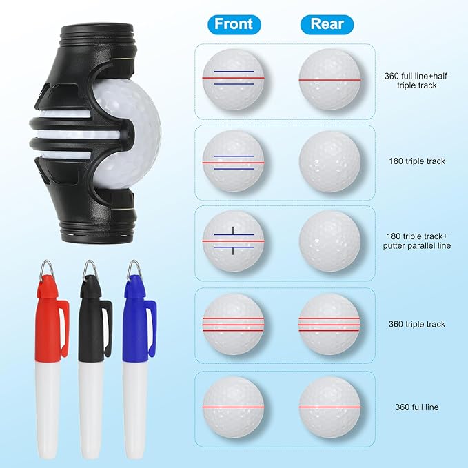 PATIKIL Golf Ball Marker Stencil 360 Degree Triple Track Golf Ball Alignment Marking Tool Line Drawing Marker with Marker Pens for Men Women