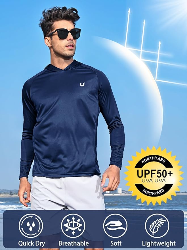 NORTHYARD Men's UPF 50+ Hoodie Shirts Long Sleeve Sun Protection Fishing Swim Beach UV SPF Rash Guard Quick Dry Lightweight