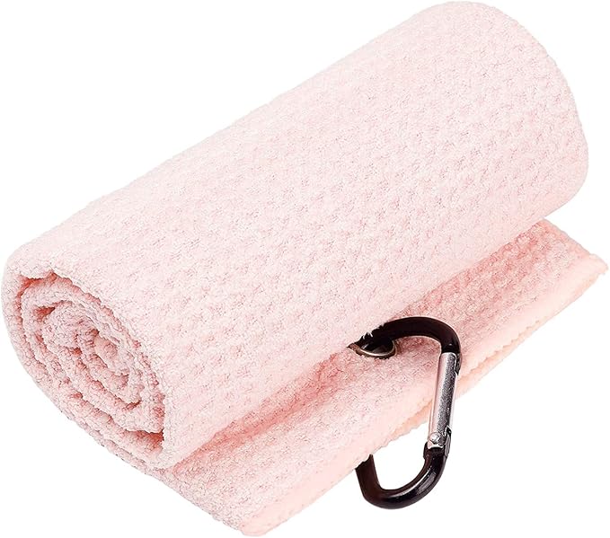 Golf Towels, Microfiber Waffle Pattern Tri-fold Golf Towel - Brush Tool Kit with Club Groove Cleaner, with Clip Men Women Golf Gifts (Pink Towel+Black Brush)