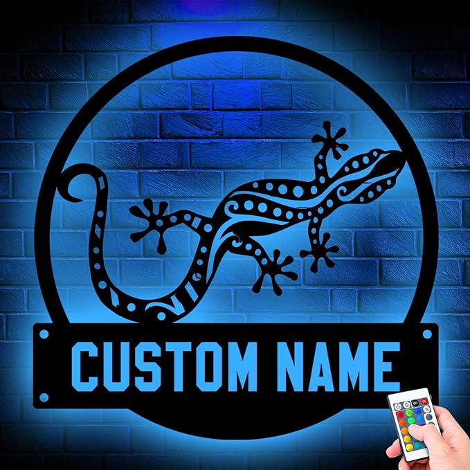 Custom Gecko Metal Sign with LED Lights, Personalized Metal Wall Art for Home Decor, Unique Hanging Gift Idea for Gecko Lovers, Stylish Indoor & Outdoor Decor, Perfect for Any Space