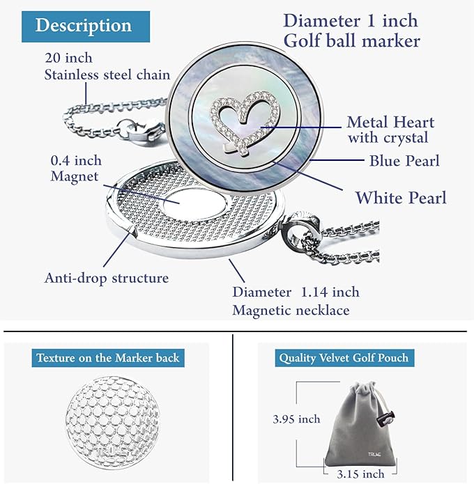 Golf Ball Marker Necklace with Pearl Ball Marker, Golf Accessories, Golf Gifts, Golf Ball Markers for Women