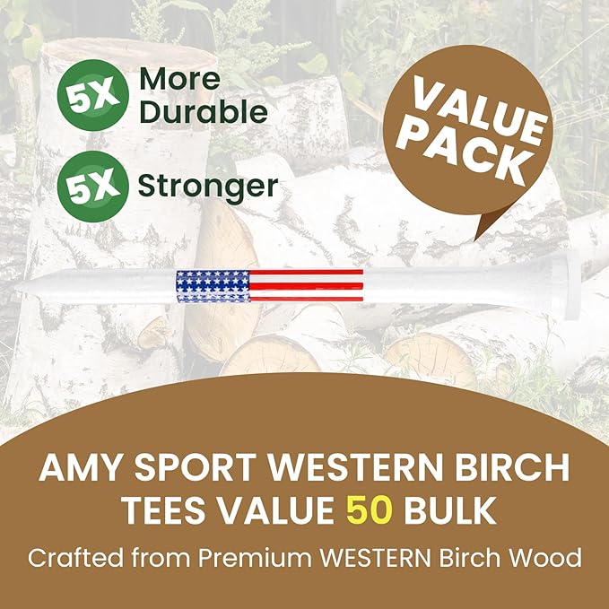 Amy Sport Golf Tees Western Birch Wood 5X More Durable 5X Stronger Value 50 Pack 1 1/2 2 3/4 3 1/4 Inch, Reduce Friction Wooden Long-Lasting, Spin Tall Sturdy Base for Stability