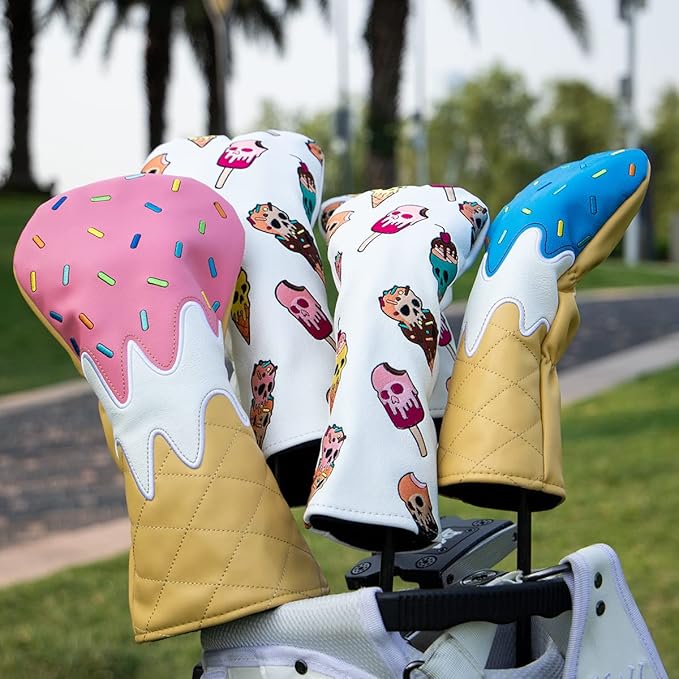 Golf Wood Head Covers Driver Cover 3 Wood Headcover Hybrid Head Covers Embroidery Ice Cream Design Golf Club Headcovers Leather Hand-Made Wood Head Cover