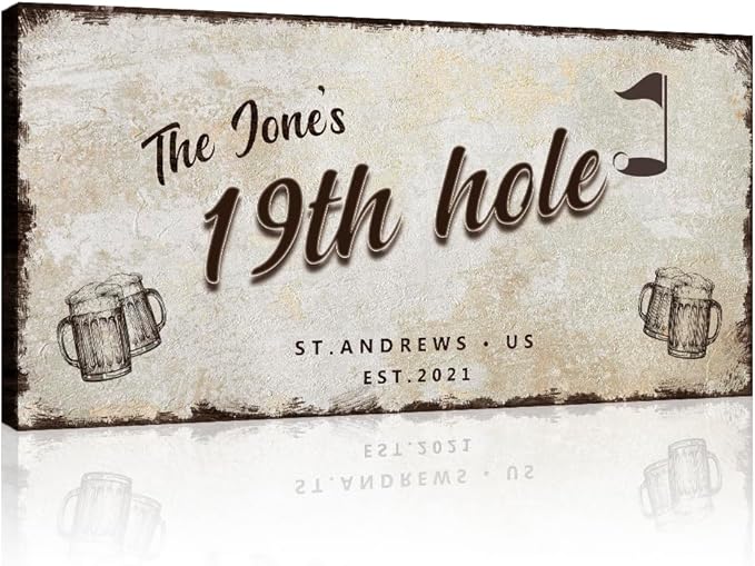 TAILORED CANVASES Golf Art Decor - Personalized Vintage Golf Wall Art Sign for Man Cave, Bedroom, Basement, Home Bar and Custom Gift for Husband, Dad, Wedding & Anniversary - 19th Hole Sign, 20"x10"